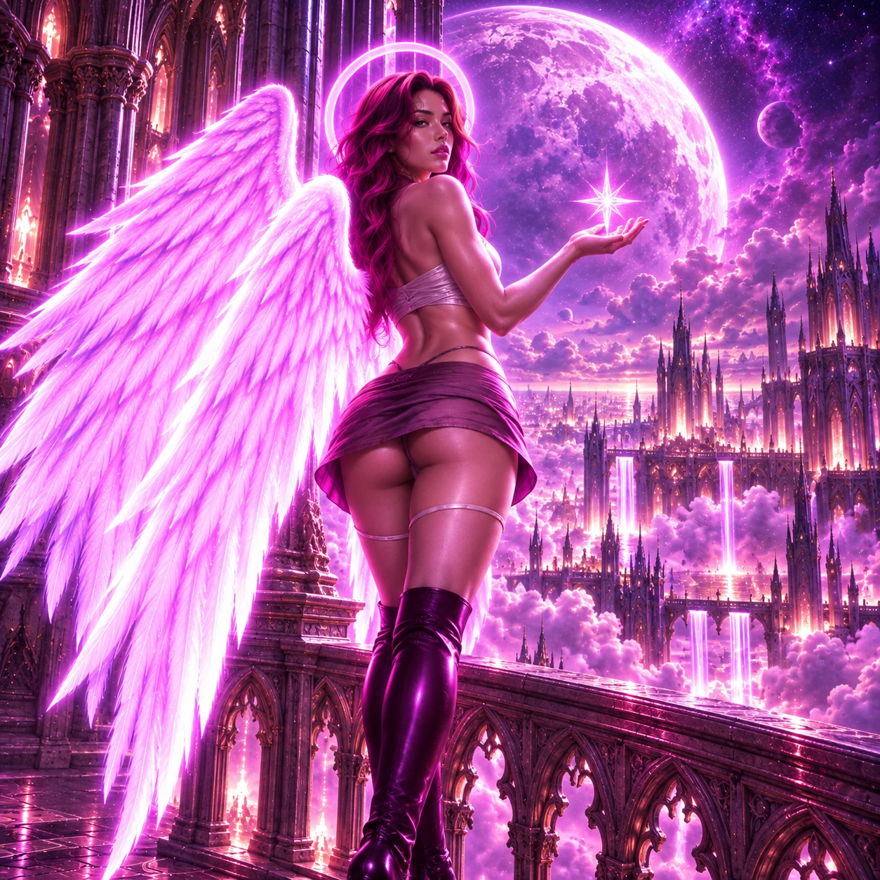 Saint Sun A on a gothic balcony holding a pink star beneath a giant moon